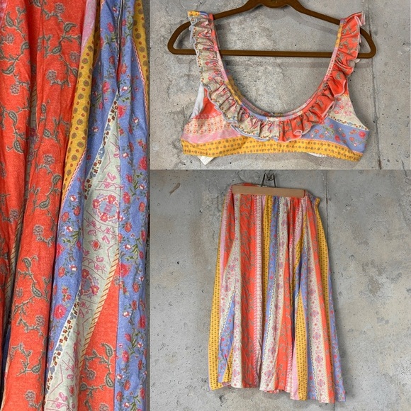 Free people coral lavender yellow floral patchwork midi skirt bralette set large - Picture 2 of 13